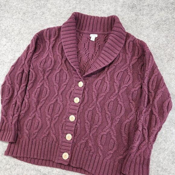 LL Bean Women M Medium Wool Blend Shawl Chunky Cableknit Button Cardigan Sweater - Picture 2 of 13